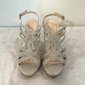 David's Bridal Silver Platform Strappy Heels, Size 8.5